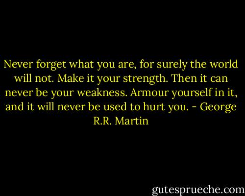 Never forget what you are, for surely the world will not. Make it your strength. Then it can never be your weakness. Armour yourself in it, and it will never be used to hurt you. - George R.R. Martin