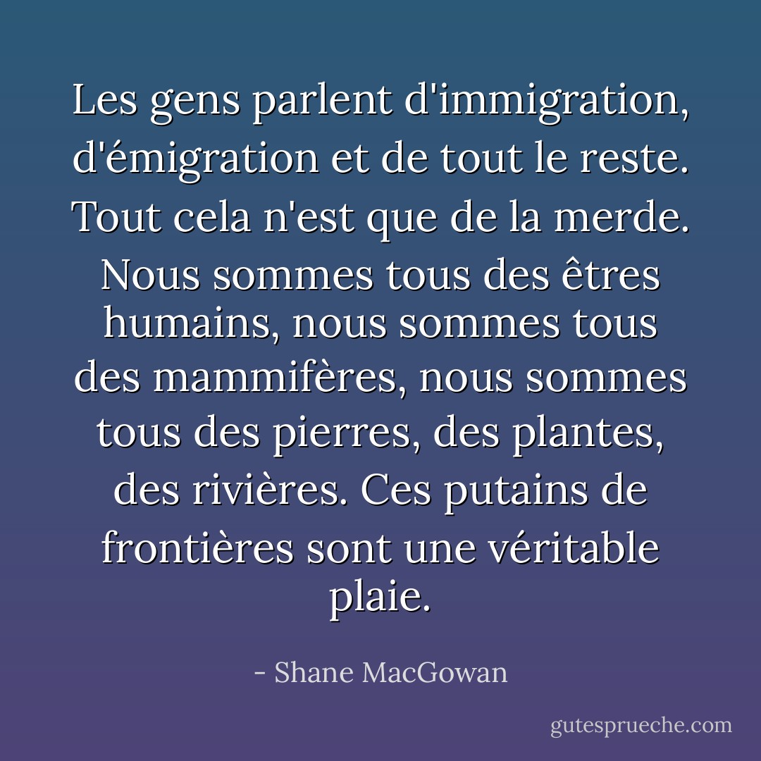 Les gens parlent d'immigration, d'émigration et de tout le reste. Tout cela n'est que de la merde. Nous sommes tous des êtres humains, nous sommes tous des mammifères, nous sommes tous des pierres, des plantes, des rivières. Ces putains de frontières sont une véritable plaie. - Shane MacGowan