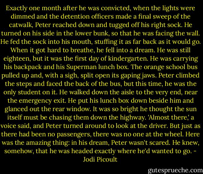Exactly one month after he was convicted, when the lights were dimmed and the detention officers made a final sweep of the catwalk, Peter reached down and tugged off his right sock. He turned on his side in the lower bunk, so that he was facing the wall. He fed the sock into his mouth, stuffing it as far back as it would go.<br />When it got hard to breathe, he fell into a dream. He was still eighteen, but it was the first day of kindergarten. He was carrying his backpack and his Superman lunch box. The orange school bus pulled up and, with a sigh, split open its gaping jaws. Peter climbed the steps and faced the back of the bus, but this time, he was the only student on it. He walked down the aisle to the very end, near the emergency exit. He put his lunch box down beside him and glanced out the rear window. It was so bright he thought the sun itself must be chasing them down the highway.<br />'Almost there,' a voice said, and Peter turned around to look at the driver. But just as there had been no passengers, there was no one at the wheel.<br />Here was the amazing thing: in his dream, Peter wasn't scared. He knew, somehow, that he was headed exactly where he'd wanted to go. - Jodi Picoult