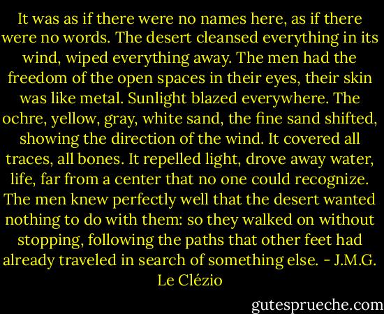 It was as if there were no names here, as if there were no words. The desert cleansed everything in its wind, wiped everything away. The men had the freedom of the open spaces in their eyes, their skin was like metal. Sunlight blazed everywhere. The ochre, yellow, gray, white sand, the fine sand shifted, showing the direction of the wind. It covered all traces, all bones. It repelled light, drove away water, life, far from a center that no one could recognize. The men knew perfectly well that the desert wanted nothing to do with them: so they walked on without stopping, following the paths that other feet had already traveled in search of something else. - J.M.G. Le Clézio
