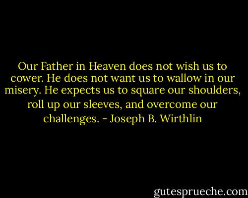 Our Father in Heaven does not wish us to cower. He does not want us to wallow in our misery. He expects us to square our shoulders, roll up our sleeves, and overcome our challenges. - Joseph B. Wirthlin