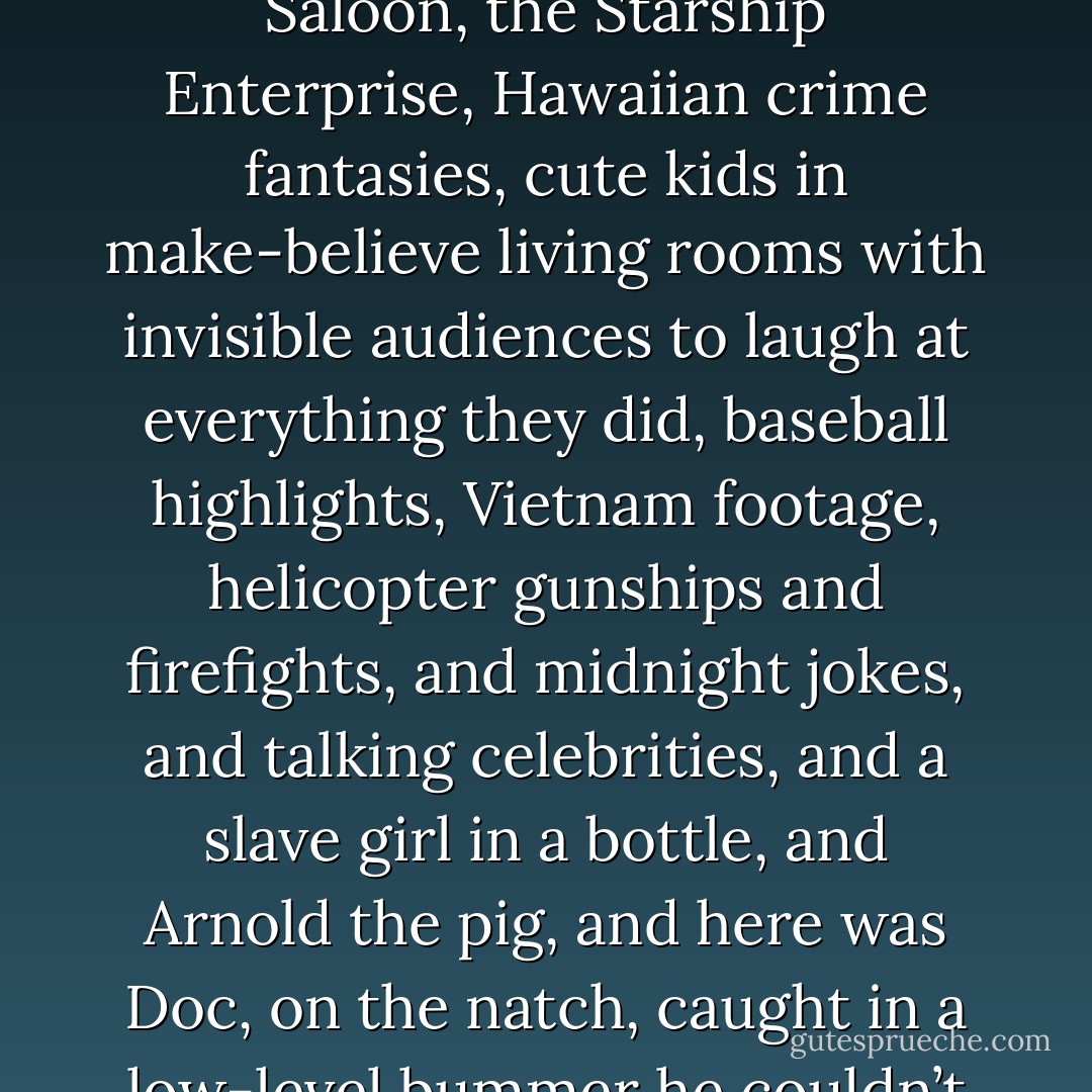 Tito snored away on the other bed. Out there, all around them to the last fringes of occupancy, were Toobfreex at play in the video universe, the tropic isle, the Long Branch Saloon, the Starship <i>Enterprise</i>, Hawaiian crime fantasies, cute kids in make-believe living rooms with invisible audiences to laugh at everything they did, baseball highlights, Vietnam footage, helicopter gunships and firefights, and midnight jokes, and talking celebrities, and a slave girl in a bottle, and Arnold the pig, and here was Doc, on the natch, caught in a low-level bummer he couldn’t find a way out of, about how the Psychedelic Sixties, this little parenthesis of light, might close after all, and all be lost, taken back into darkness…  - Thomas Pynchon