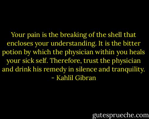 Your pain is the breaking of the shell that encloses your understanding. It is the bitter potion by which the physician within you heals your sick self. Therefore, trust the physician and drink his remedy in silence and tranquility. - Kahlil Gibran