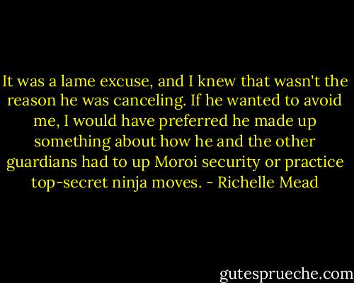 It was a lame excuse, and I knew that wasn't the reason he was canceling. If he wanted to avoid me, I would have preferred he made up something about how he and the other guardians had to up Moroi security or practice top-secret ninja moves. - Richelle Mead