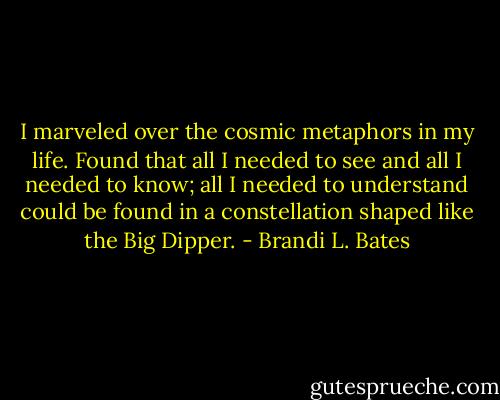 I marveled over the cosmic metaphors in my life. Found that all I needed to see and all I needed to know; all I needed to understand could be found in a constellation shaped like the Big Dipper. - Brandi L. Bates