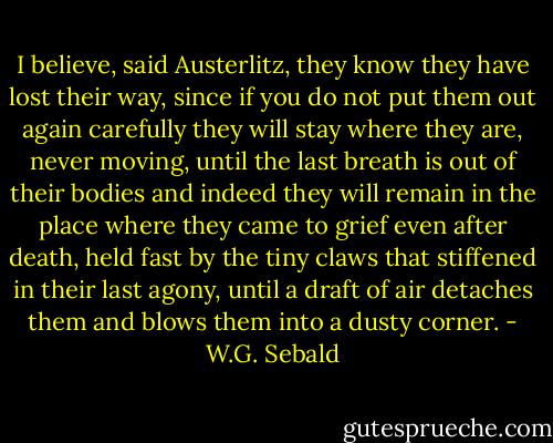 I believe, said Austerlitz, they know they have lost their way, since if you do not put them out again carefully they will stay where they are, never moving, until the last breath is out of their bodies and indeed they will remain in the place where they came to grief even after death, held fast by the tiny claws that stiffened in their last agony, until a draft of air detaches them and blows them into a dusty corner. - W.G. Sebald