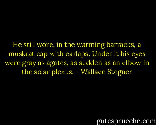 He still wore, in the warming barracks, a muskrat cap with earlaps. Under it his eyes were gray as agates, as sudden as an elbow in the solar plexus. - Wallace Stegner