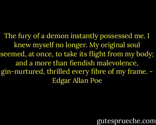 The fury of a demon instantly possessed me. I knew myself no longer. My original soul seemed, at once, to take its flight from my body; and a more than fiendish malevolence, gin-nurtured, thrilled every fibre of my frame. - Edgar Allan Poe