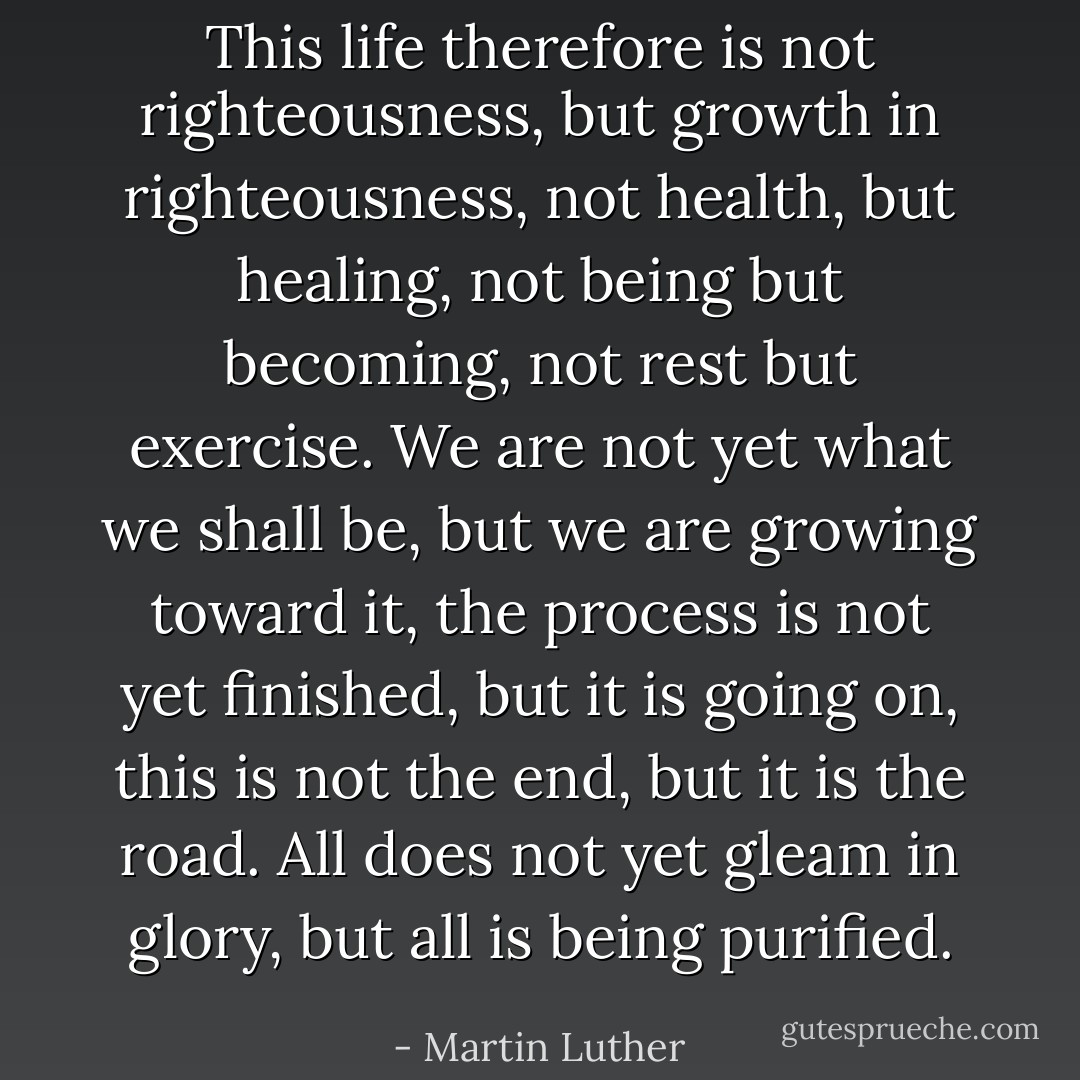 This life therefore is not righteousness, but growth in righteousness, not health, but healing, not being but becoming, not rest but exercise. We are not yet what we shall be, but we are growing toward it, the process is not yet finished, but it is going on, this is not the end, but it is the road. All does not yet gleam in glory, but all is being purified. - Martin Luther