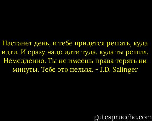Настанет день, и тебе придется решать, куда идти. И сразу надо идти туда, куда ты решил. Немедленно. Ты не имеешь права терять ни минуты. Тебе это нельзя. - J.D. Salinger