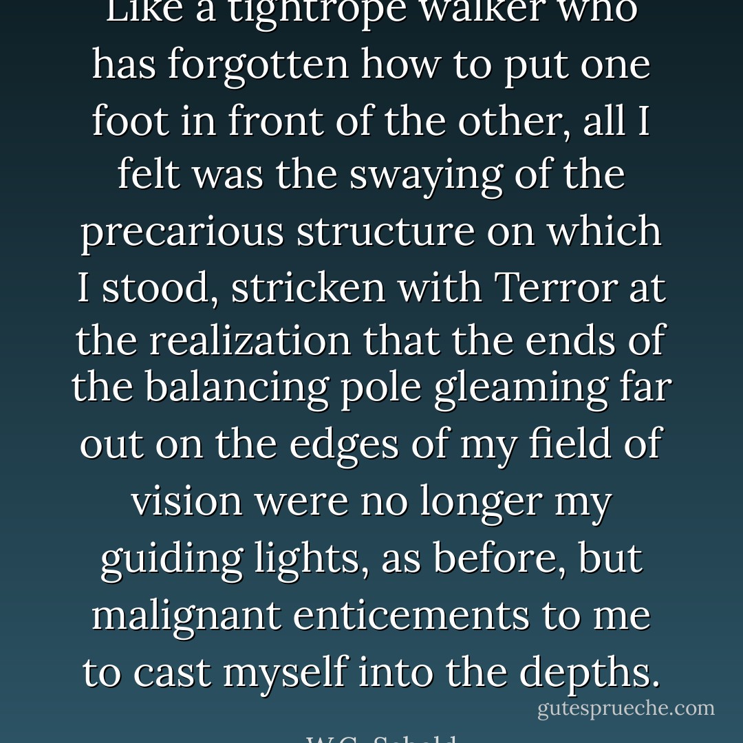 Like a tightrope walker who has forgotten how to put one foot in front of the other, all I felt was the swaying of the precarious structure on which I stood, stricken with Terror at the realization that the ends of the balancing pole gleaming far out on the edges of my field of vision were no longer my guiding lights, as before, but malignant enticements to me to cast myself into the depths. - W.G. Sebald