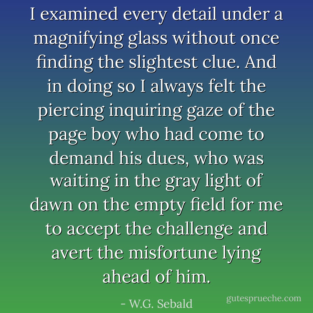 I examined every detail under a magnifying glass without once finding the slightest clue. And in doing so I always felt the piercing inquiring gaze of the page boy who had come to demand his dues, who was waiting in the gray light of dawn on the empty field for me to accept the challenge and avert the misfortune lying ahead of him. - W.G. Sebald
