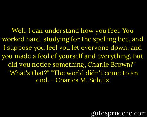 Well, I can understand how you feel. You worked hard, studying for the spelling bee, and I suppose you feel you let everyone down, and you made a fool of yourself and everything. But did you notice something, Charlie Brown?" <br />"What's that?"<br />"The world didn't come to an end. - Charles M. Schulz