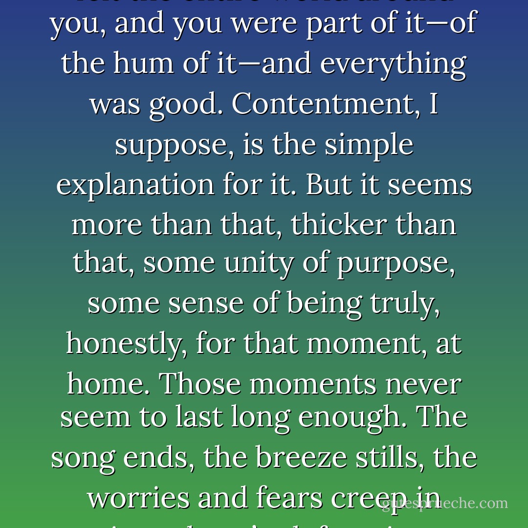 Have you ever had a moment where you knew, beyond a shadow of a doubt, that you were in the right place?<br /> That you were on the right journey? Maybe the sense that you’d crossed a boundary, jumped a hurdle, and somehow, after facing some unconquerable mountain, found yourself suddenly on the other side of it? <br />When the night was warm and the wind was cool, and a song carried through the quiet streets around you. When you felt the entire world around you, and you were part of it—of the hum of it—and everything was good.<br />Contentment, I suppose, is the simple explanation for it. But it seems more than that, thicker than that, some unity of purpose, some sense of being truly, honestly, for that moment, at home.<br />Those moments never seem to last long enough. The song ends, the breeze stills, the worries and fears creep in again and you’re left trying to move forward, but glancing back at the mountain behind you, wondering how you managed to cross it, afraid you really didn’t—that the bulk and shadow over your shoulder might evaporate and re-form before you, and you’d be faced with the burden of crossing it again.<br />The song ends, and you stare at the quiet, dark house in front of you, and you grasp the doorknob, and walk back into your life. - Chloe Neill