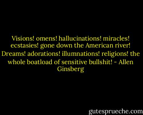 Visions! omens! hallucinations! miracles! ecstasies! gone down the American river! Dreams! adorations! illumnations! religions! the whole boatload of sensitive bullshit! - Allen Ginsberg