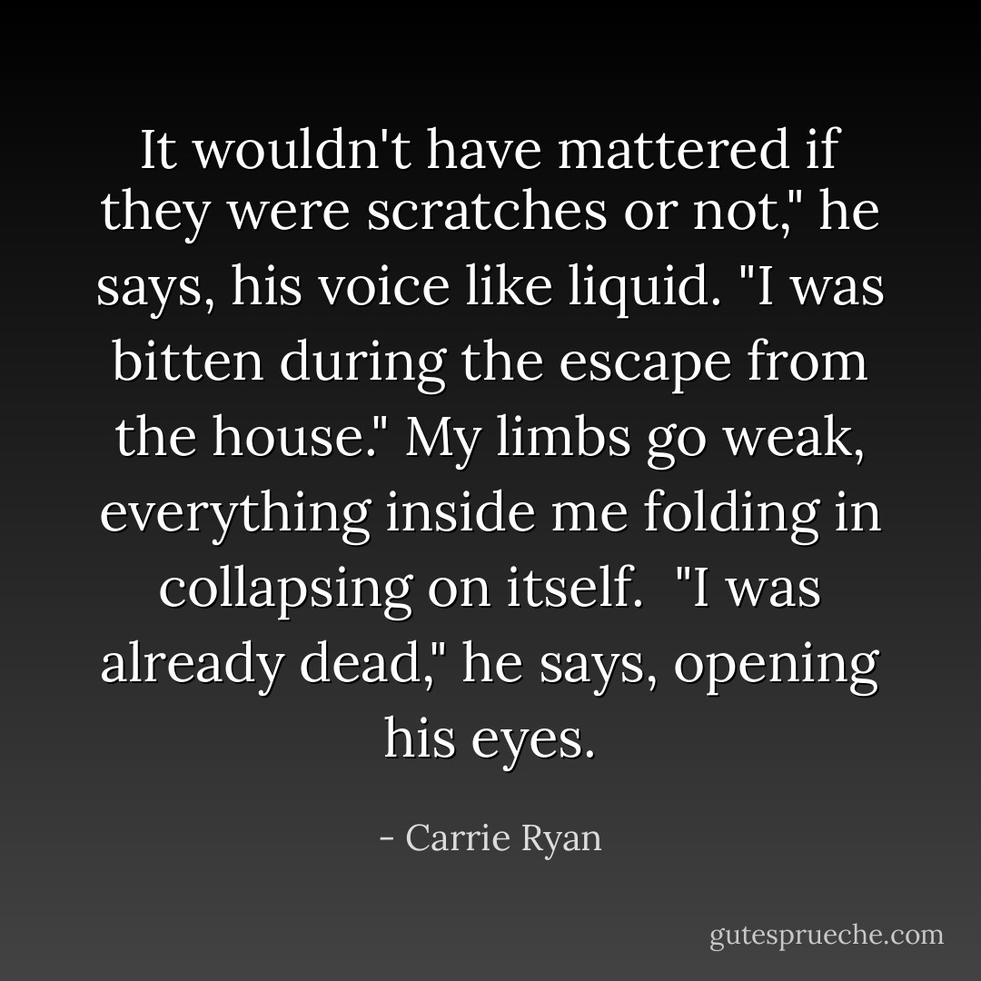 It wouldn't have mattered if they were scratches or not," he says, his voice like liquid. "I was bitten during the escape from the house." My limbs go weak, everything inside me folding in collapsing on itself.<br /><br />"I was already dead," he says, opening his eyes. - Carrie Ryan