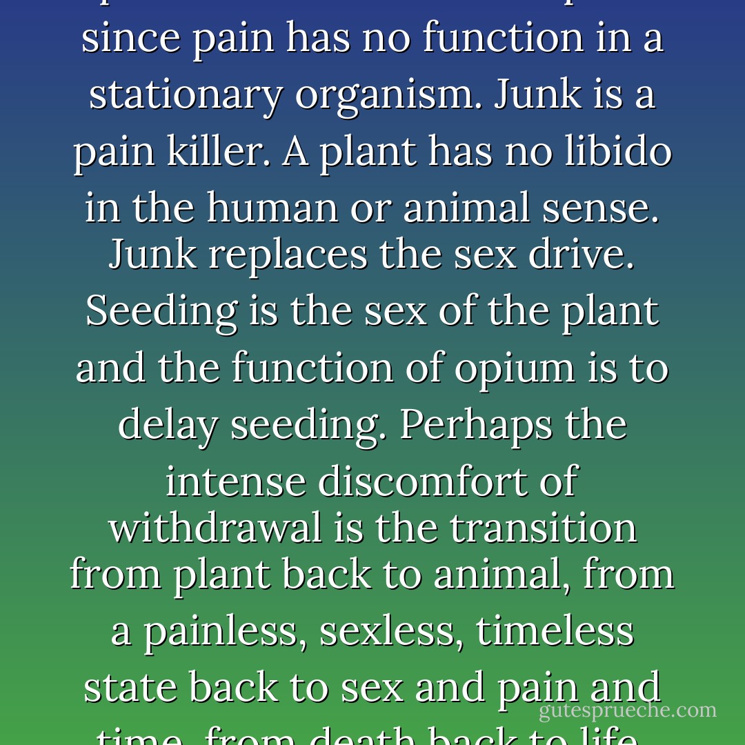 Junk turns the user into a plant. Plants do not feel pain since pain has no function in a stationary organism. Junk is a pain killer. A plant has no libido in the human or animal sense. Junk replaces the sex drive. Seeding is the sex of the plant and the function of opium is to delay seeding.<br />Perhaps the intense discomfort of withdrawal is the transition from plant back to animal, from a painless, sexless, timeless state back to sex and pain and time, from death back to life. - William S. Burroughs