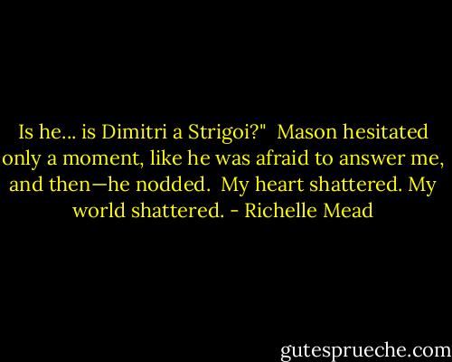 Is he... is Dimitri a Strigoi?"<br /> Mason hesitated only a moment, like he was afraid to answer me, and then—he nodded.<br /> My heart shattered. My world shattered. - Richelle Mead