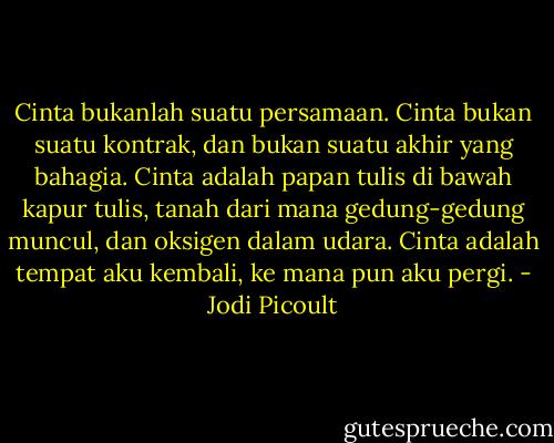 Cinta bukanlah suatu persamaan. Cinta bukan suatu kontrak, dan bukan suatu akhir yang bahagia. Cinta adalah papan tulis di bawah kapur tulis, tanah dari mana gedung-gedung muncul, dan oksigen dalam udara. Cinta adalah tempat aku kembali, ke mana pun aku pergi. - Jodi Picoult