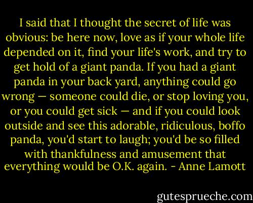 I said that I thought the secret of life was obvious: be here now, love as if your whole life depended on it, find your life's work, and try to get hold of a giant panda. If you had a giant panda in your back yard, anything could go wrong — someone could die, or stop loving you, or you could get sick — and if you could look outside and see this adorable, ridiculous, boffo panda, you'd start to laugh; you'd be so filled with thankfulness and amusement that everything would be O.K. again. - Anne Lamott