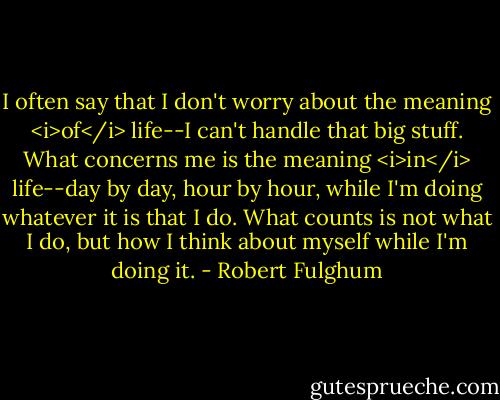 I often say that I don't worry about the meaning <i>of</i> life--I can't handle that big stuff. What concerns me is the meaning <i>in</i> life--day by day, hour by hour, while I'm doing whatever it is that I do. What counts is not what I do, but how I think about myself while I'm doing it. - Robert Fulghum