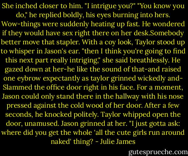 She inched closer to him. "I intrigue you?"<br />"You know you do," he replied boldly, his eyes burning into hers. Wow-things were suddenly heating up fast. He wondered if they would have sex right there on her desk.Somebody better move that stapler.<br />With a coy look, Taylor stood up to whisper in Jason's ear.<br />"then I think you're going to find this next part really intriging," she said breathlessly.<br />He gazed down at her-he like the sound of that-and raised one eybrow expectantly as taylor grinned wickedly and-<br />Slammed the office door right in his face.<br />For a moment, Jason could only stand there in the hallway with his nose pressed against the cold wood of her door. After a few seconds, he knocked politely.<br />Taylor whipped open the door, unamused.<br />Jason grinned at her. "I just gotta ask: where did you get the whole 'all the cute girls run around naked' thing? - Julie James