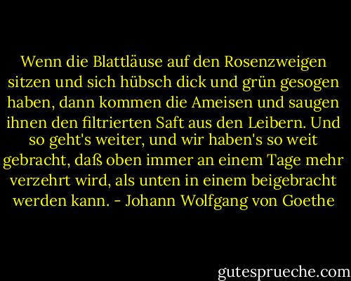 Wenn die Blattläuse auf den Rosenzweigen sitzen und sich hübsch dick und grün gesogen haben, dann kommen die Ameisen und saugen ihnen den filtrierten Saft aus den Leibern. Und so geht's weiter, und wir haben's so weit gebracht, daß oben immer an einem Tage mehr verzehrt wird, als unten in einem beigebracht werden kann. - Johann Wolfgang von Goethe