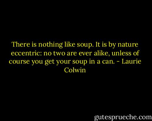 There is nothing like soup. It is by nature eccentric: no two are ever alike, unless of course you get your soup in a can. - Laurie Colwin