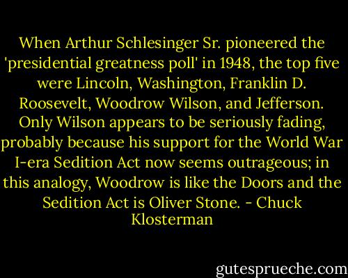When Arthur Schlesinger Sr. pioneered the 'presidential greatness poll' in 1948, the top five were Lincoln, Washington, Franklin D. Roosevelt, Woodrow Wilson, and Jefferson. Only Wilson appears to be seriously fading, probably because his support for the World War I-era Sedition Act now seems outrageous; in this analogy, Woodrow is like the Doors and the Sedition Act is Oliver Stone. - Chuck Klosterman