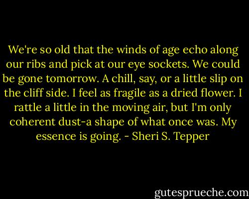 We're so old that the winds of age echo along our ribs and pick at our eye sockets. We could be gone tomorrow. A chill, say, or a little slip on the cliff side. I feel as fragile as a dried flower. I rattle a little in the moving air, but I'm only coherent dust-a shape of what once was. My essence is going. - Sheri S. Tepper