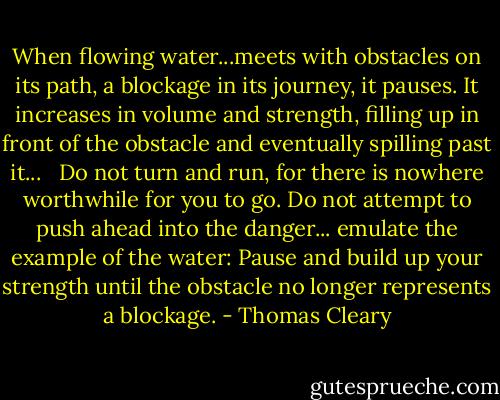 When flowing water...meets with obstacles on its path, a blockage in its journey, it pauses. It increases in volume and strength, filling up in front of the obstacle and eventually spilling past it...<br /> <br />Do not turn and run, for there is nowhere worthwhile for you to go. Do not attempt to push ahead into the danger... emulate the example of the water: Pause and build up your strength until the obstacle no longer represents a blockage. - Thomas Cleary