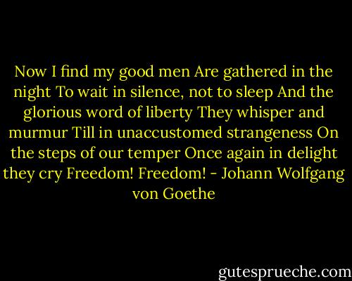 Now I find my good men<br />Are gathered in the night<br />To wait in silence, not to sleep<br />And the glorious word of liberty<br />They whisper and murmur<br />Till in unaccustomed strangeness<br />On the steps of our temper<br />Once again in delight they cry<br />Freedom! Freedom! - Johann Wolfgang von Goethe