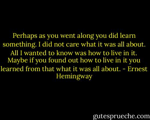Perhaps as you went along you did learn something. I did not care what it was all about. All I wanted to know was how to live in it. Maybe if you found out how to live in it you learned from that what it was all about. - Ernest Hemingway