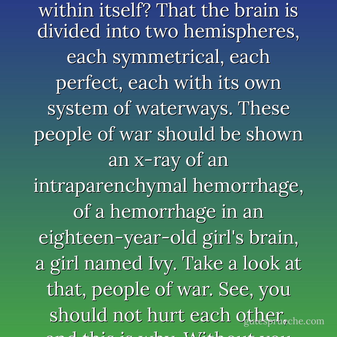 What is the matter with these people, these people who won't stop fighting, won't stop hurting each other long enough to see that a body is a thing of beauty, is a miracle of rivers and oceans and islands and continents contained within itself? That the brain is divided into two hemispheres, each symmetrical, each perfect, each with its own system of waterways. These people of war should be shown an x-ray of an intraparenchymal hemorrhage, of a hemorrhage in an eighteen-year-old girl's brain, a girl named Ivy. Take a look at that, people of war. See, you should not hurt each other, and this is why. Without you ever even trying, this is what can happen to your body, your beautiful body, and your brain, your beautiful symmetrical brain, and your heart, and your soul. - Alison McGhee