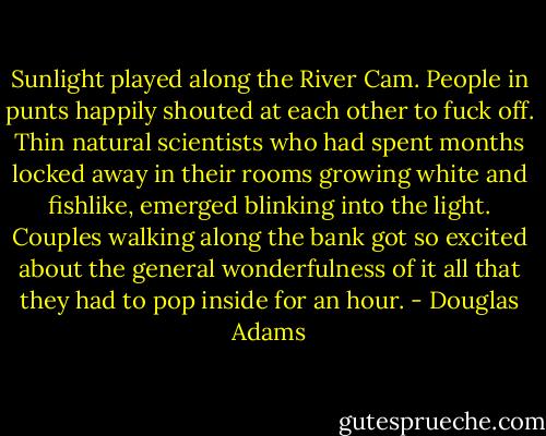 Sunlight played along the River Cam. People in punts happily shouted at each other to fuck off. Thin natural scientists who had spent months locked away in their rooms growing white and fishlike, emerged blinking into the light. Couples walking along the bank got so excited about the general wonderfulness of it all that they had to pop inside for an hour. - Douglas Adams