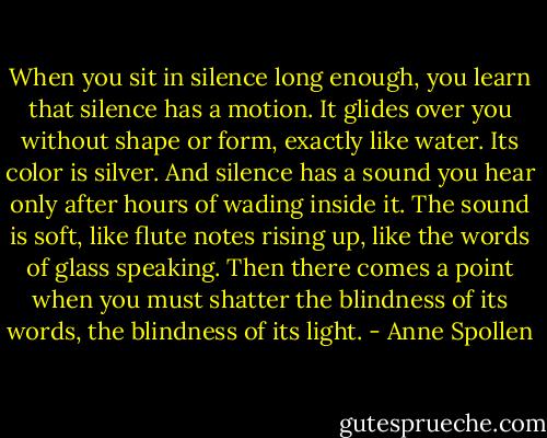 When you sit in silence long enough, you learn that silence has a motion. It glides over you without shape or form, exactly like water. Its color is silver. And silence has a sound you hear only after hours of wading inside it. The sound is soft, like flute notes rising up, like the words of glass speaking. Then there comes a point when you must shatter the blindness of its words, the blindness of its light. - Anne Spollen
