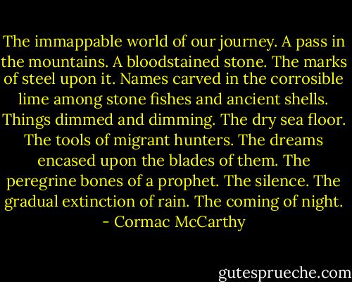 The immappable world of our journey. A pass in the mountains. A bloodstained stone. The marks of steel upon it. Names carved in the corrosible lime among stone fishes and ancient shells. Things dimmed and dimming. The dry sea floor. The tools of migrant hunters. The dreams encased upon the blades of them. The peregrine bones of a prophet. The silence. The gradual extinction of rain. The coming of night. - Cormac McCarthy