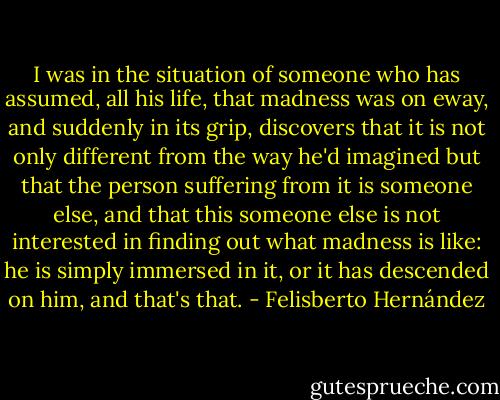 I was in the situation of someone who has assumed, all his life, that madness was on eway, and suddenly in its grip, discovers that it is not only different from the way he'd imagined but that the person suffering from it is someone else, and that this someone else is not interested in finding out what madness is like: he is simply immersed in it, or it has descended on him, and that's that. - Felisberto Hernández
