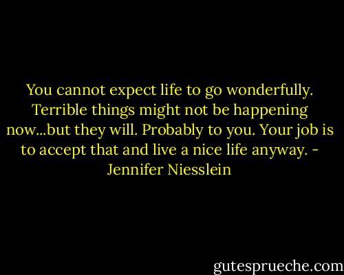You cannot expect life to go wonderfully. Terrible things might not be happening now...but they will. Probably to you. Your job is to accept that and live a nice life anyway. - Jennifer Niesslein