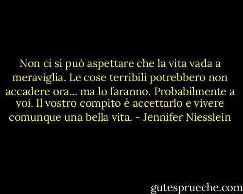 Non ci si può aspettare che la vita vada a meraviglia. Le cose terribili potrebbero non accadere ora... ma lo faranno. Probabilmente a voi. Il vostro compito è accettarlo e vivere comunque una bella vita. - Jennifer Niesslein