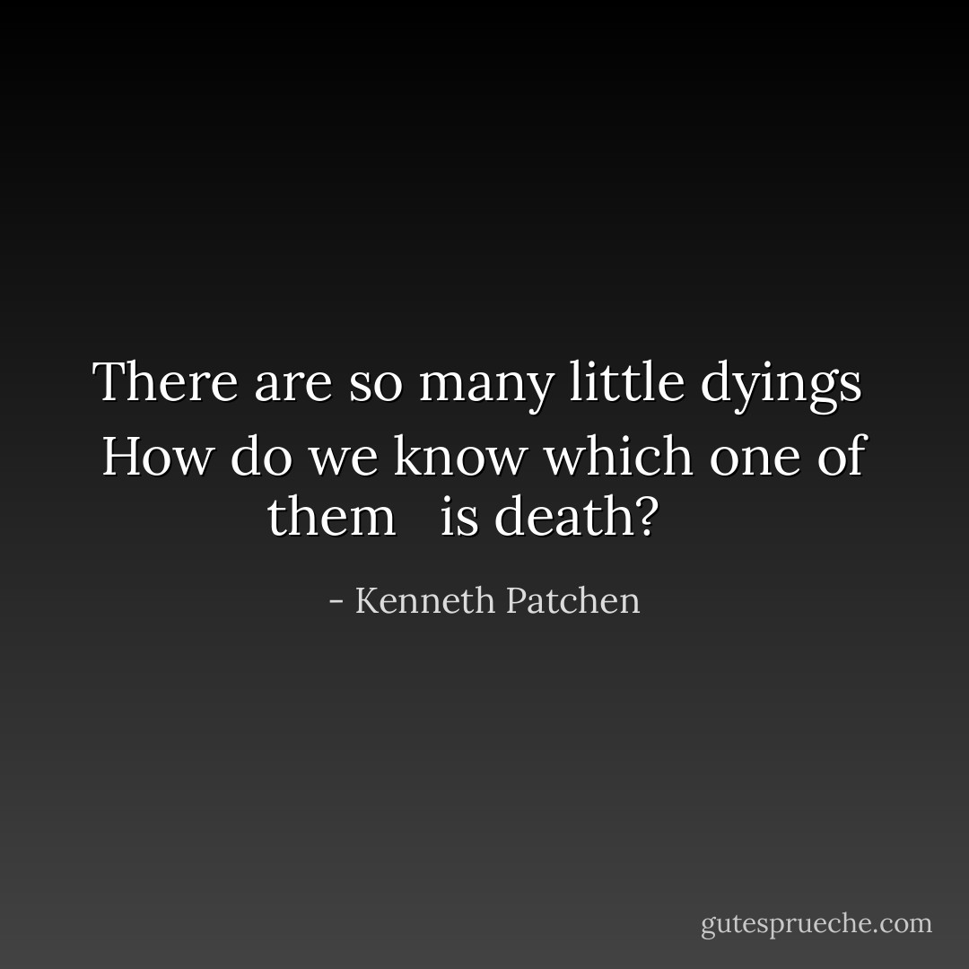 There are so many little dyings<br /> How do we know which one of them <br /> is death?<br /><br /><br /> - Kenneth Patchen