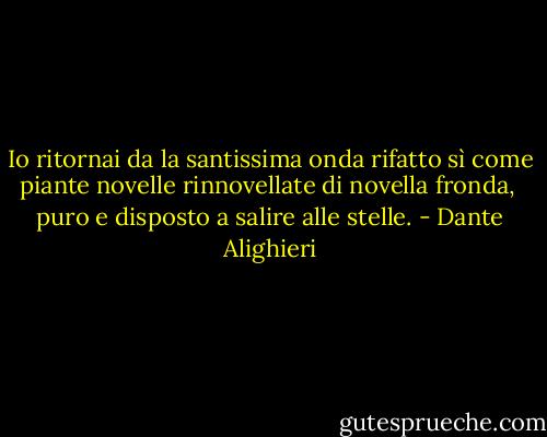 Io ritornai da la santissima onda<br />rifatto sì come piante novelle<br />rinnovellate di novella fronda, <br />puro e disposto a salire alle stelle. - Dante Alighieri