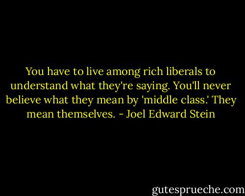 You have to live among rich liberals to understand what they're saying. You'll never believe what they mean by 'middle class.' They mean themselves. - Joel Edward Stein