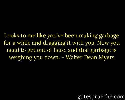 Looks to me like you've been making garbage for a while and dragging it with you. Now you need to get out of here, and that garbage is weighing you down. - Walter Dean Myers