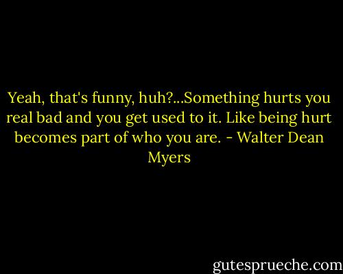 Yeah, that's funny, huh?...Something hurts you real bad and you get used to it. Like being hurt becomes part of who you are. - Walter Dean Myers