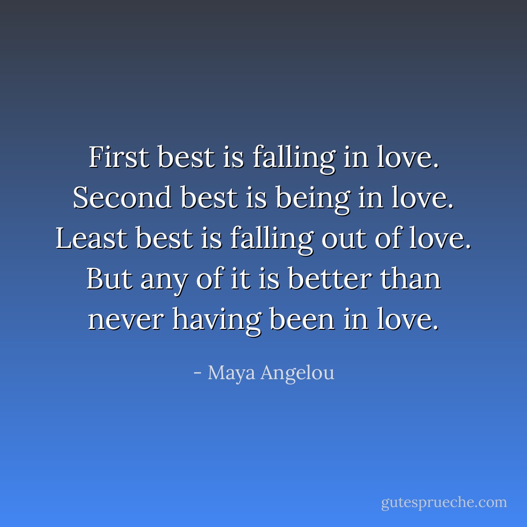 First best is falling in love. Second best is being in love. Least best is falling out of love. But any of it is better than never having been in love. - Maya Angelou