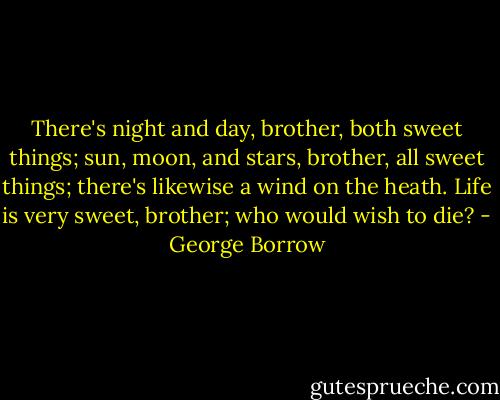 There's night and day, brother, both sweet things; sun, moon, and stars, brother, all sweet things; there's likewise a wind on the heath. Life is very sweet, brother; who would wish to die? - George Borrow
