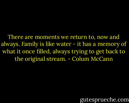 There are moments we return to, now and always. Family is like water - it has a memory of what it once filled, always trying to get back to the original stream. - Colum McCann
