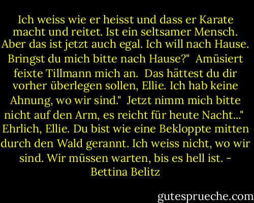 Ich weiss wie er heisst und dass er Karate macht und reitet. Ist ein seltsamer Mensch. Aber das ist jetzt auch egal. Ich will nach Hause. Bringst du mich bitte nach Hause?"<br /><br />Amüsiert feixte Tillmann mich an.<br /> Das hättest du dir vorher überlegen sollen, Ellie. Ich hab keine Ahnung, wo wir sind."<br /><br />Jetzt nimm mich bitte nicht auf den Arm, es reicht für heute Nacht..."<br /><br />Ehrlich, Ellie. Du bist wie eine Bekloppte mitten durch den Wald gerannt. Ich weiss nicht, wo wir sind. Wir müssen warten, bis es hell ist. - Bettina Belitz