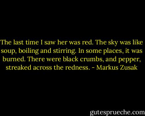 The last time I saw her was red. The sky was like soup, boiling and stirring. In some places, it was burned. There were black crumbs, and pepper, streaked across the redness. - Markus Zusak